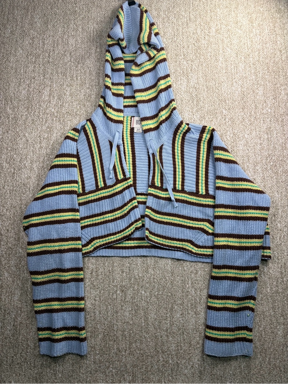BDG Cropped Hooded Indie Cardigan in Light Blue, Black & Yellow Stripes